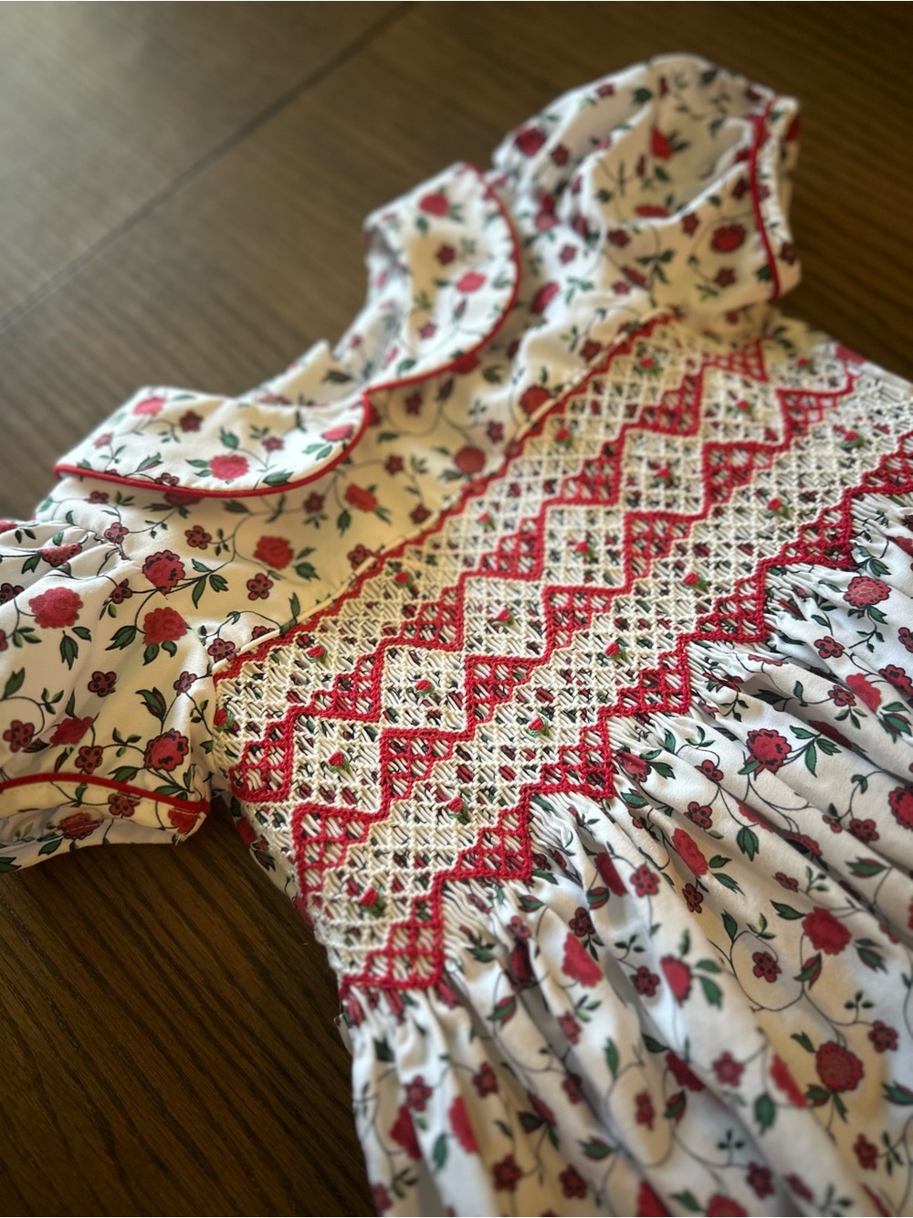Edgehill Collection red and cream floral smocked dress with Peter Pan collar